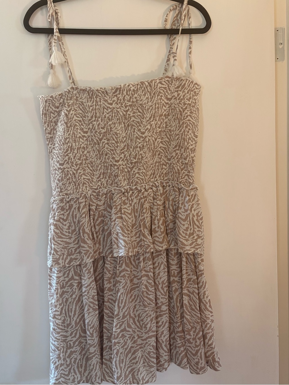 aerie Beige and White Smocked Tiered Mini Dress With Tie Straps Large